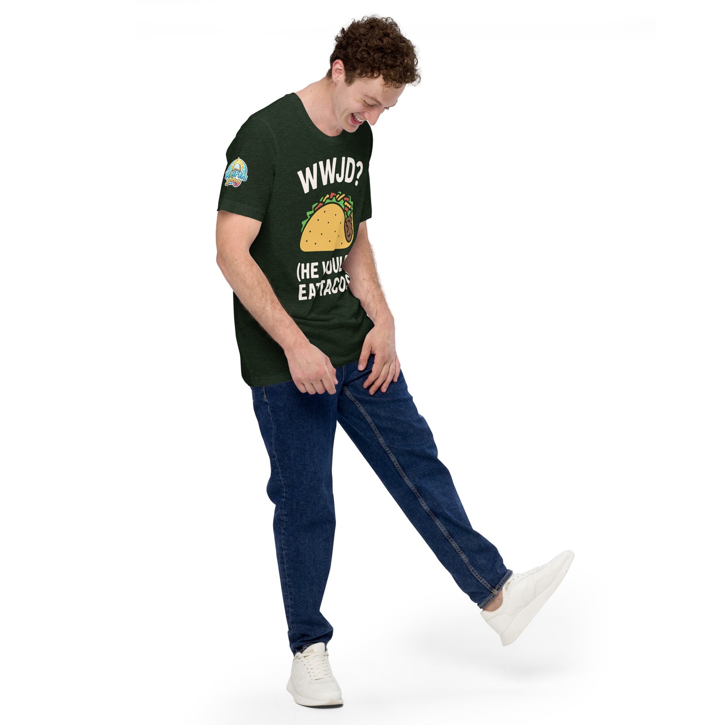 WWJD? (He Would Eat Tacos) – funny Christian t-shirt, heather emerald, with humorous faith-based design by ReBirth Living