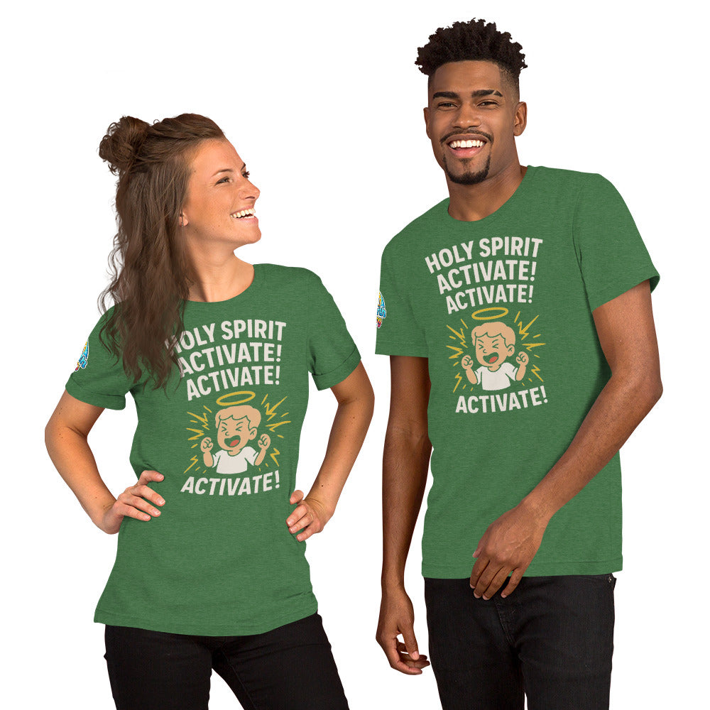 Product mockupModels showcasing the Holy Spirit Activate! Activate! – funny Christian t-shirt, heather grass green, light skin character design by ReBirth Living