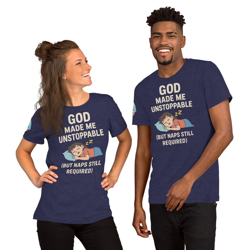 God Made Me Unstoppable (But Naps Still Required) – funny Christian t-shirt, heather midnight navy, light skin character design by ReBirth Living