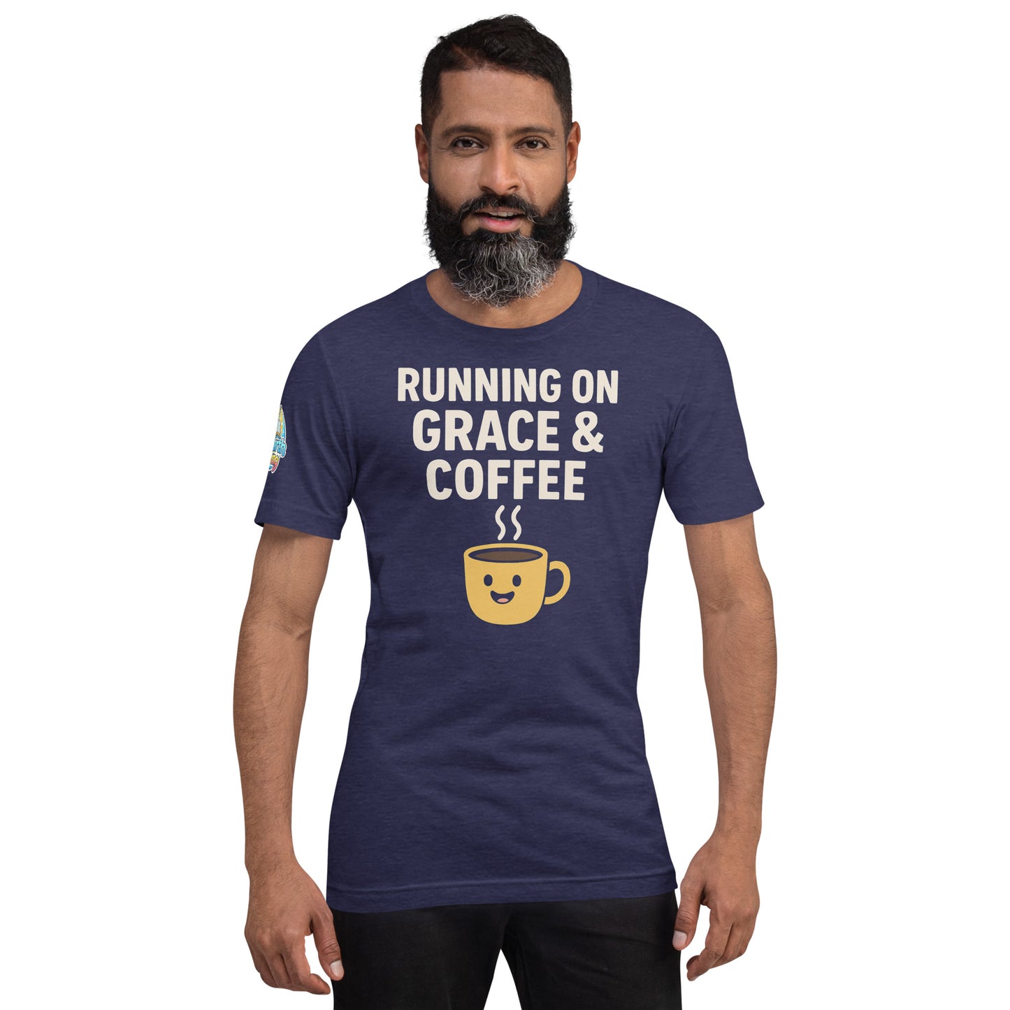 Running on Grace & Coffee – funny Christian t-shirt, heather midnight navy, faith-based humor design with a smiling coffee mug by ReBirth Living
