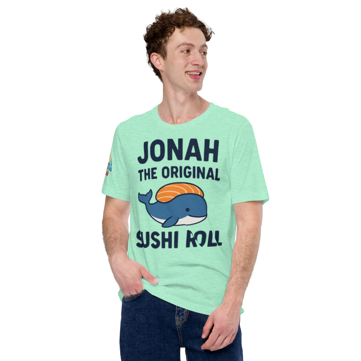 Model wearing “Jonah the Original Sushi Roll” – funny Christian unisex t-shirt, heather mint, Bible humor design with blue whale carrying sushi by ReBirth Living