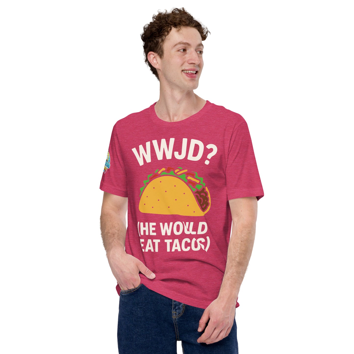 WWJD? (He Would Eat Tacos) – funny Christian t-shirt, heather raspberry, faith-based humor design by ReBirth Living