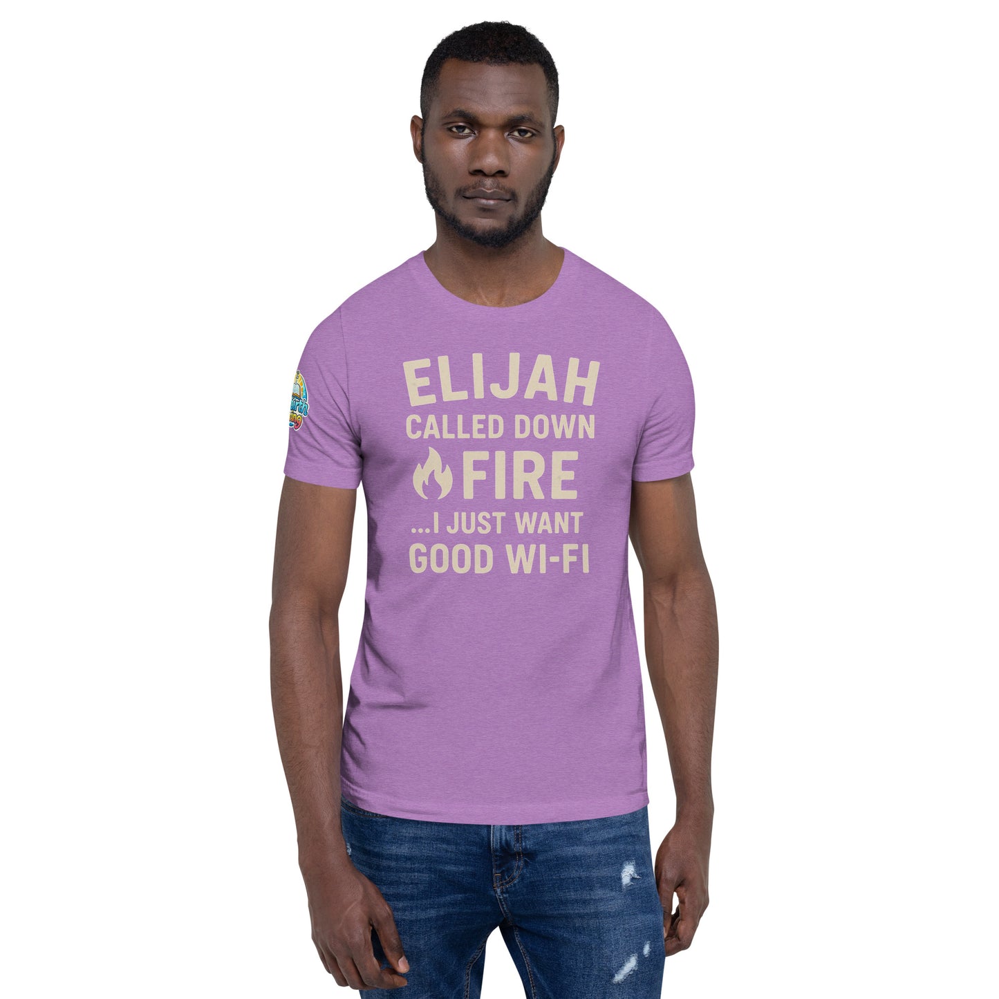 Model wearing a Elijah Called Down Fire… I Just Want Good Wi-Fi – funny Christian t-shirt, heather team purple, Bible humor design by ReBirth Living
