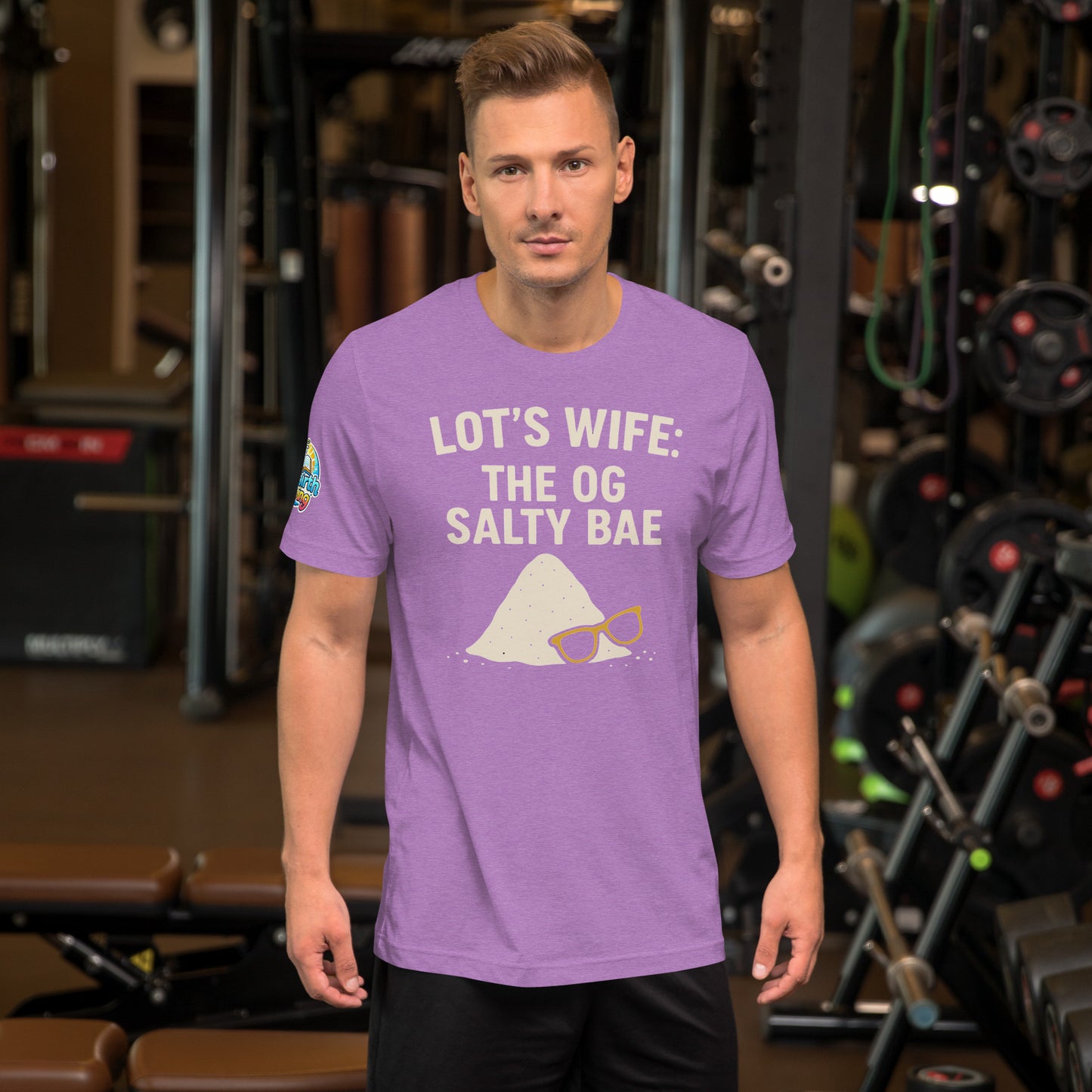 Model waring a Lot's Wife The OG Salty Bae – funny Christian t-shirt, heather, Bible humor design by ReBirth Living in a gym setting.