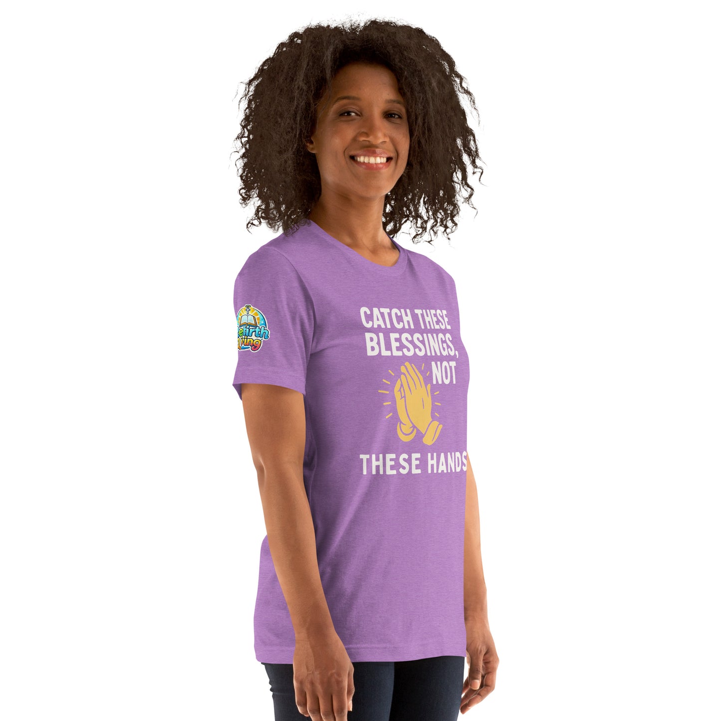 Model showcasing a Catch These Blessings, Not These Hands – funny Christian t-shirt, heather team purple, faith-based humor design with prayer hands by ReBirth Living