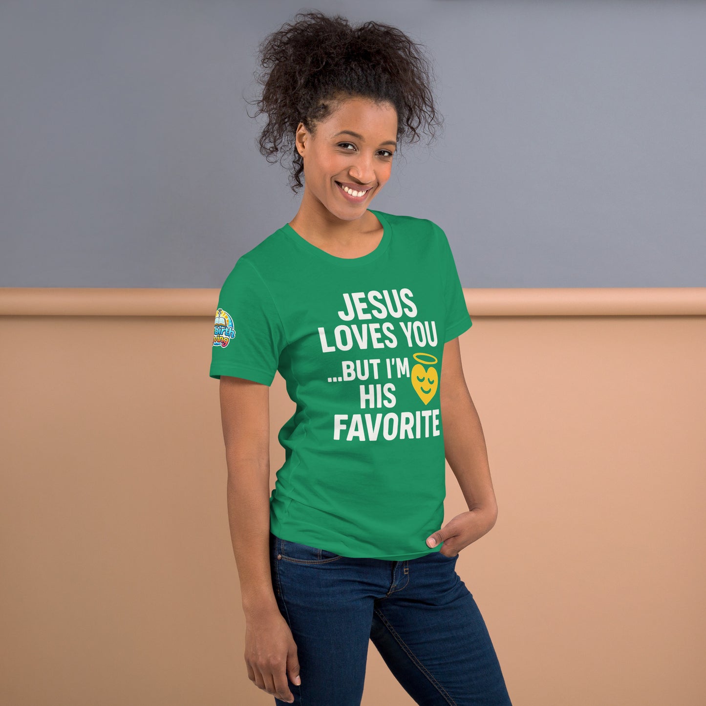 Model wearing “Jesus Loves You… But I’m His Favorite” – funny Christian t-shirt, kelly, faith humor design with golden smiling heart and halo by ReBirth Living