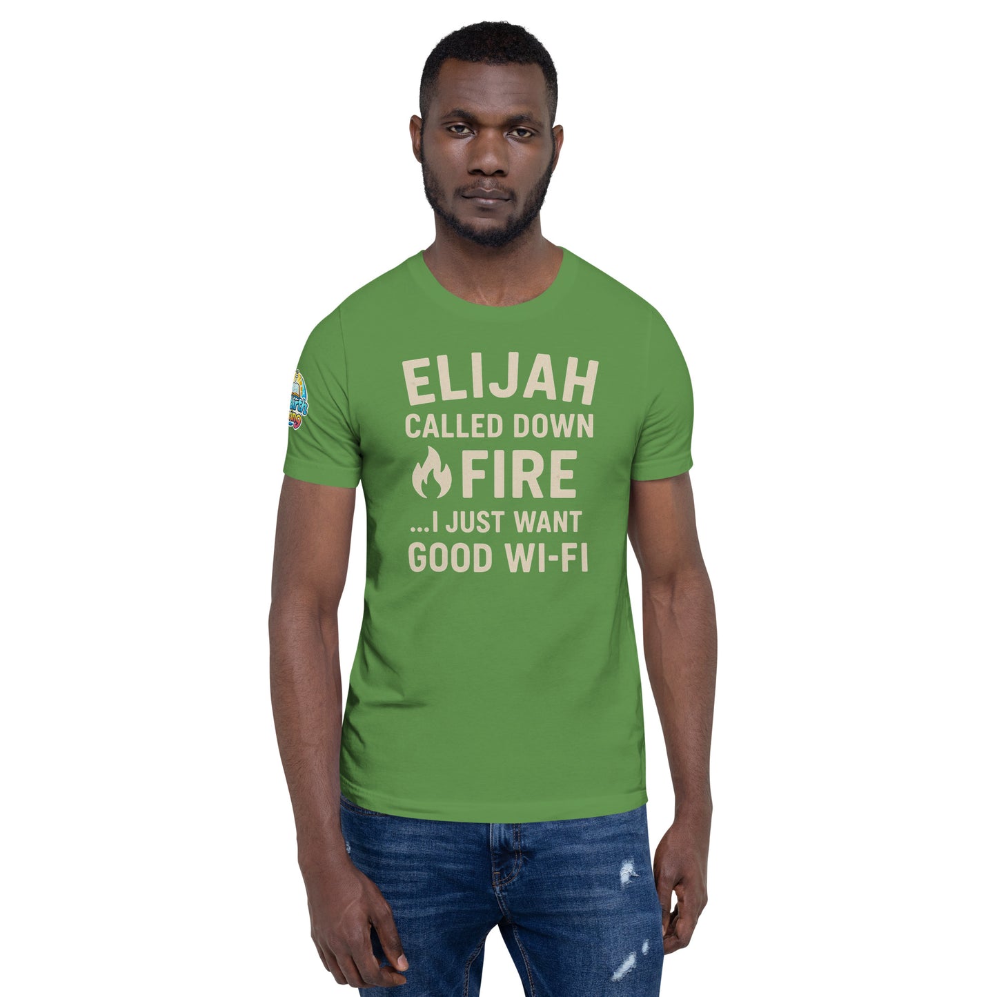 Model wearing a Elijah Called Down Fire… I Just Want Good Wi-Fi – funny Christian t-shirt, leaf, Bible humor design by ReBirth Living