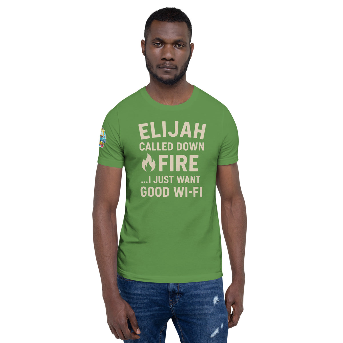 Model wearing a Elijah Called Down Fire… I Just Want Good Wi-Fi – funny Christian t-shirt, leaf, Bible humor design by ReBirth Living