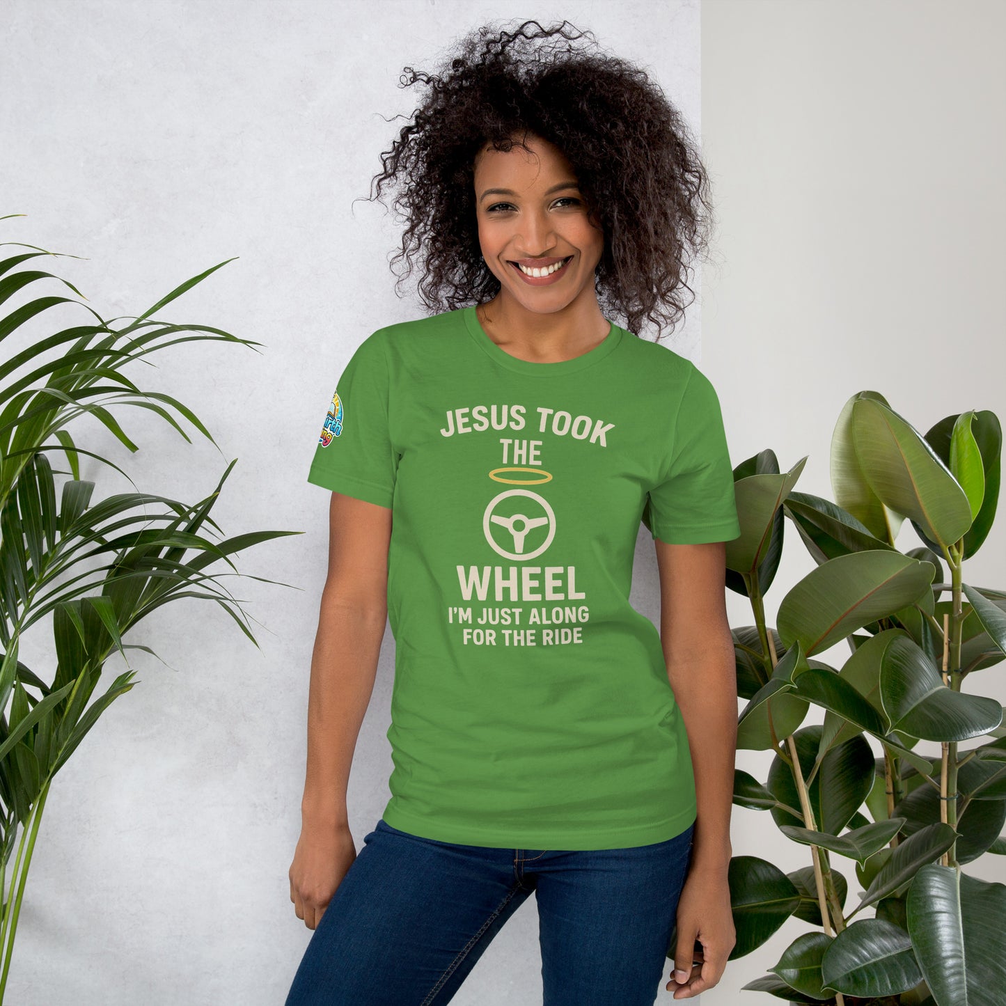 Model showcasing a Jesus Took the Wheel – I’m Just Along for the Ride – funny Christian t-shirt, leaf, faith humor design by ReBirth Living