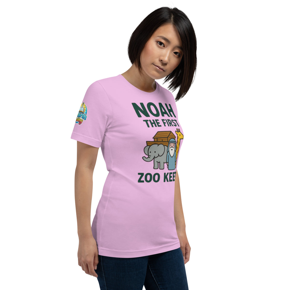 Model wearing a Noah the First Zoo Keeper – funny Christian t-shirt, lilac, Bible humor animal design by ReBirth Living