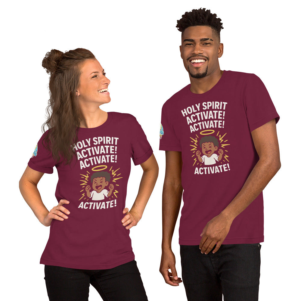 Models showcasing the Holy Spirit Activate! Activate! – funny Christian t-shirt, maroon, brown skin character design by ReBirth Living
