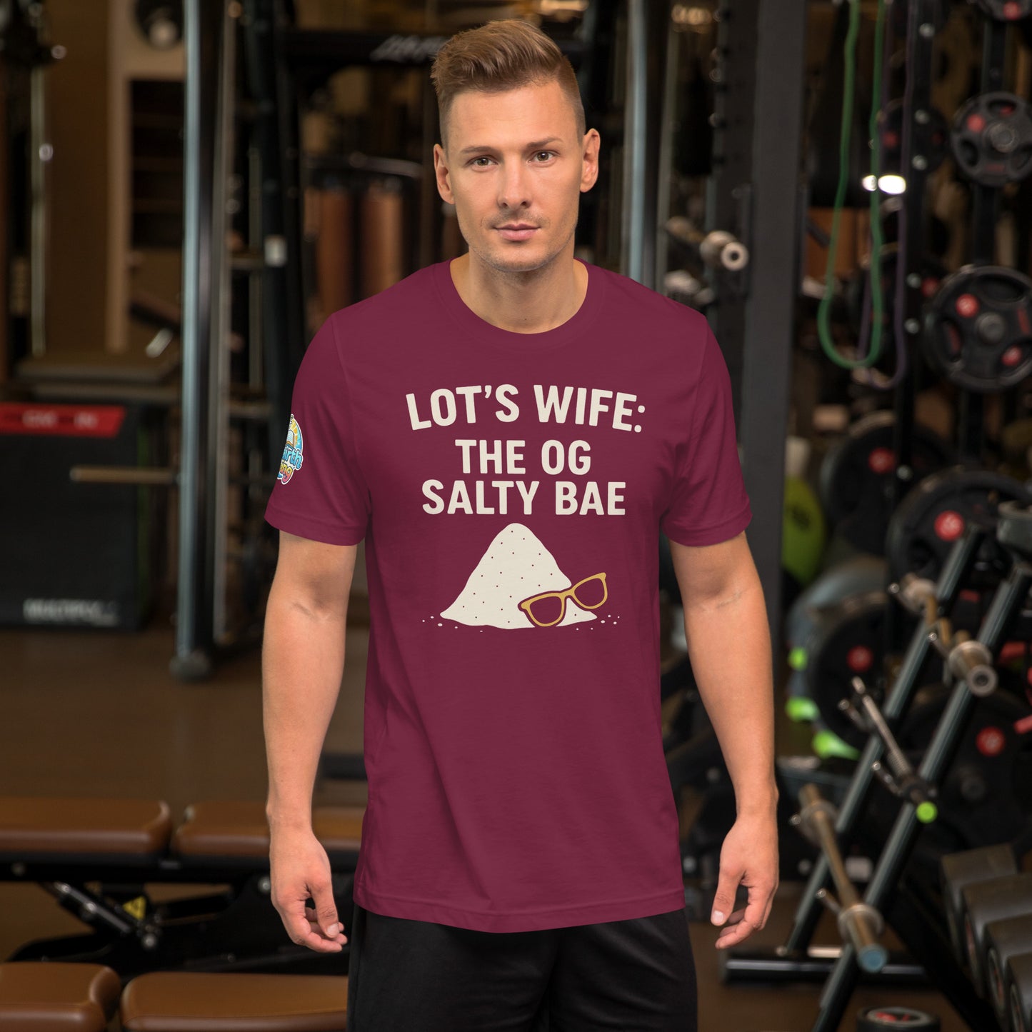 Model waring a Lot's Wife The OG Salty Bae – funny Christian t-shirt, maroon, Bible humor design by ReBirth Living in a gym setting.