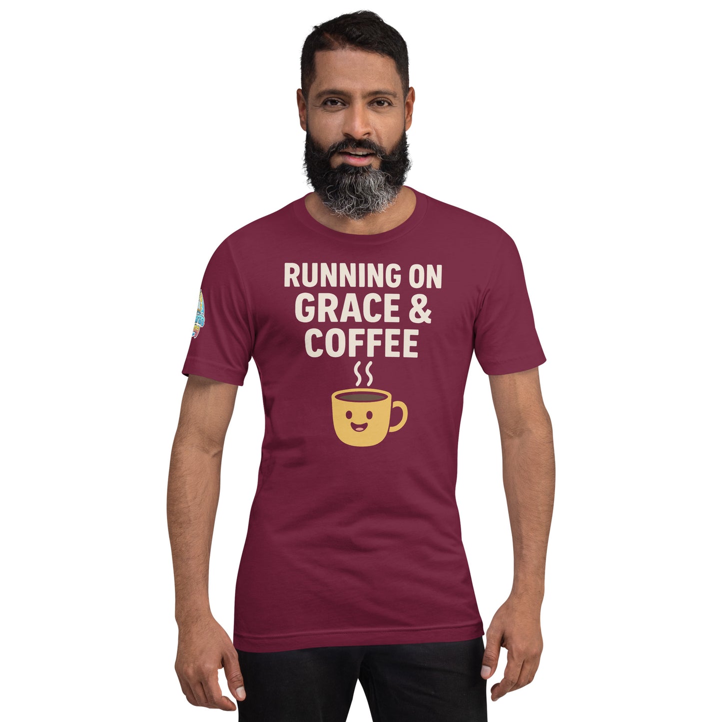 Running on Grace & Coffee – funny Christian t-shirt, maroon, faith-based humor design with a smiling coffee mug by ReBirth Living