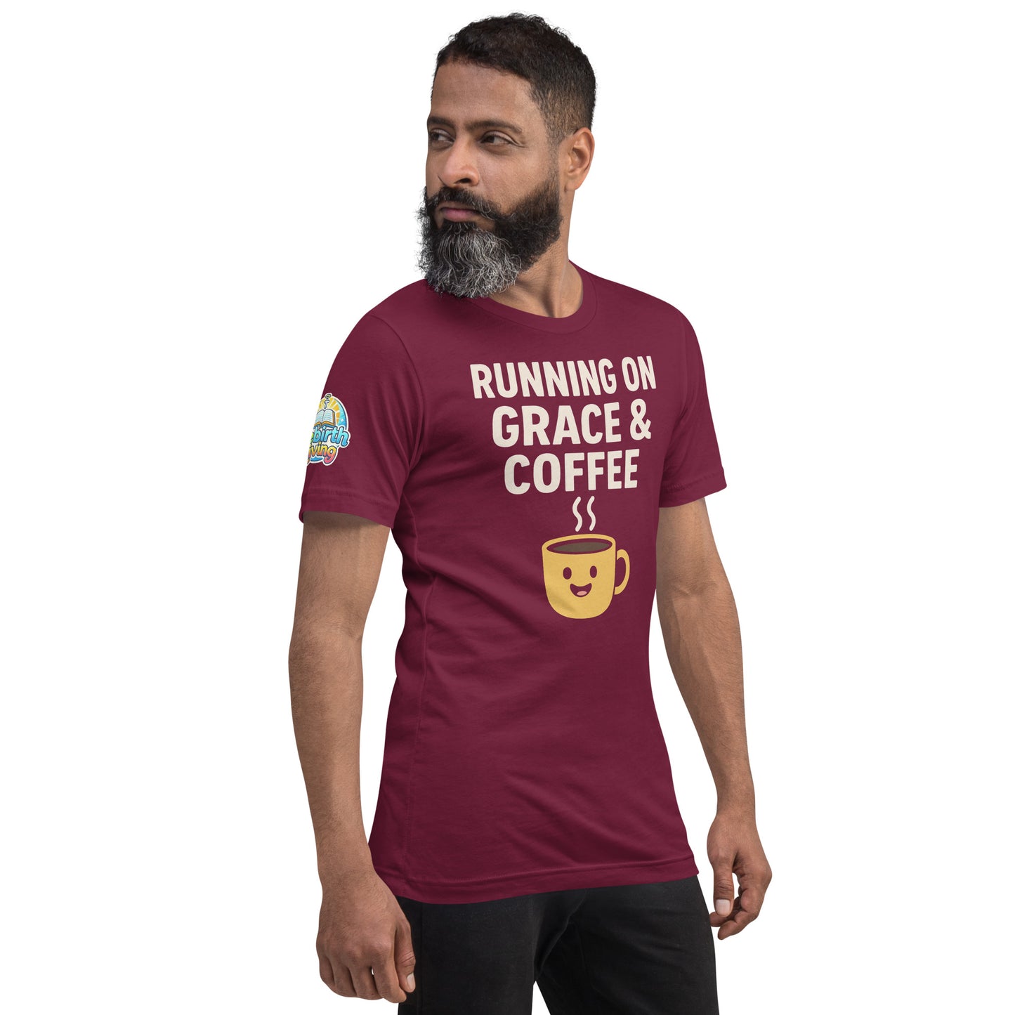 Running on Grace & Coffee – funny Christian t-shirt, maroon, faith-based humor design with a smiling coffee mug by ReBirth Living