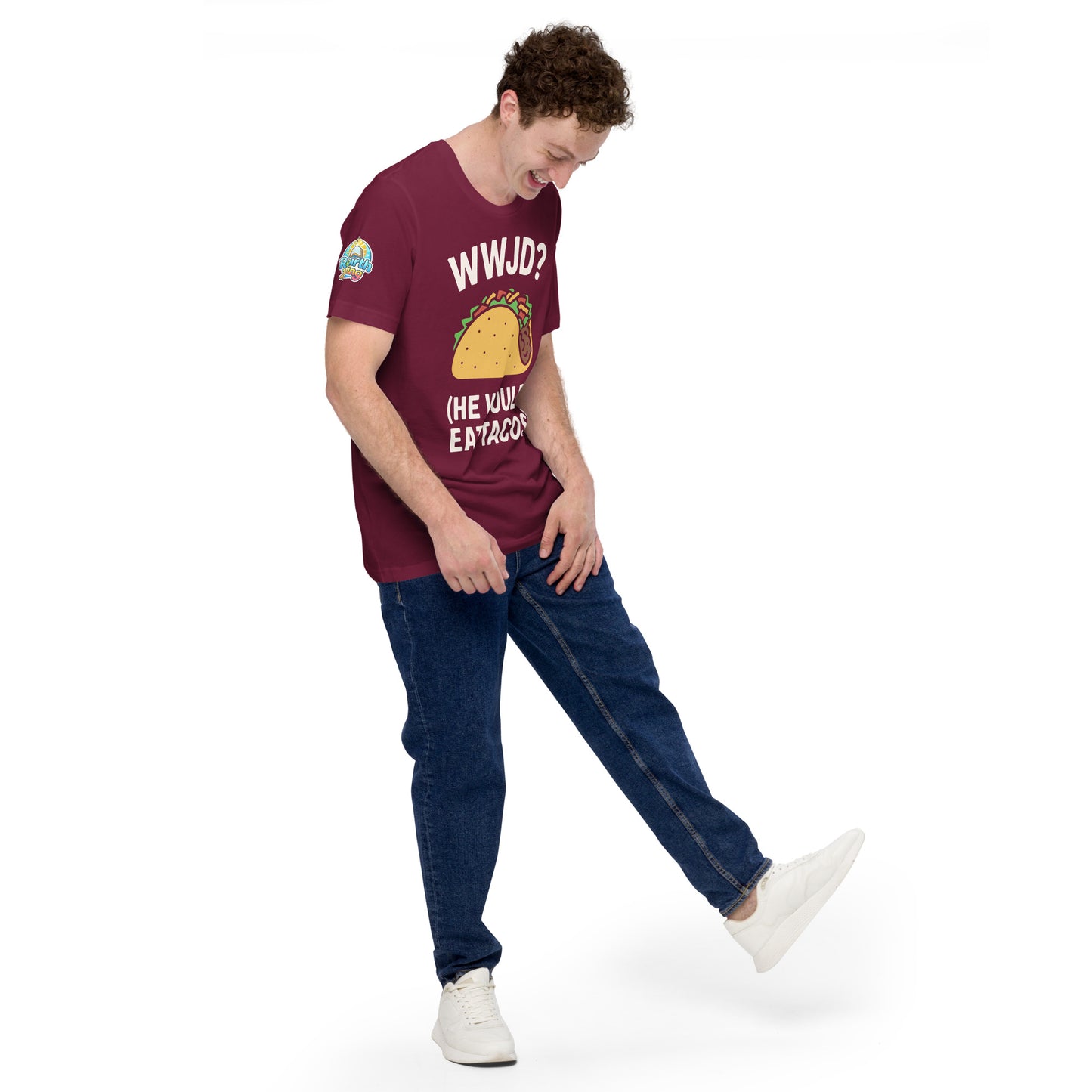 WWJD? (He Would Eat Tacos) – funny Christian t-shirt, maroon, with humorous faith-based design by ReBirth Living
