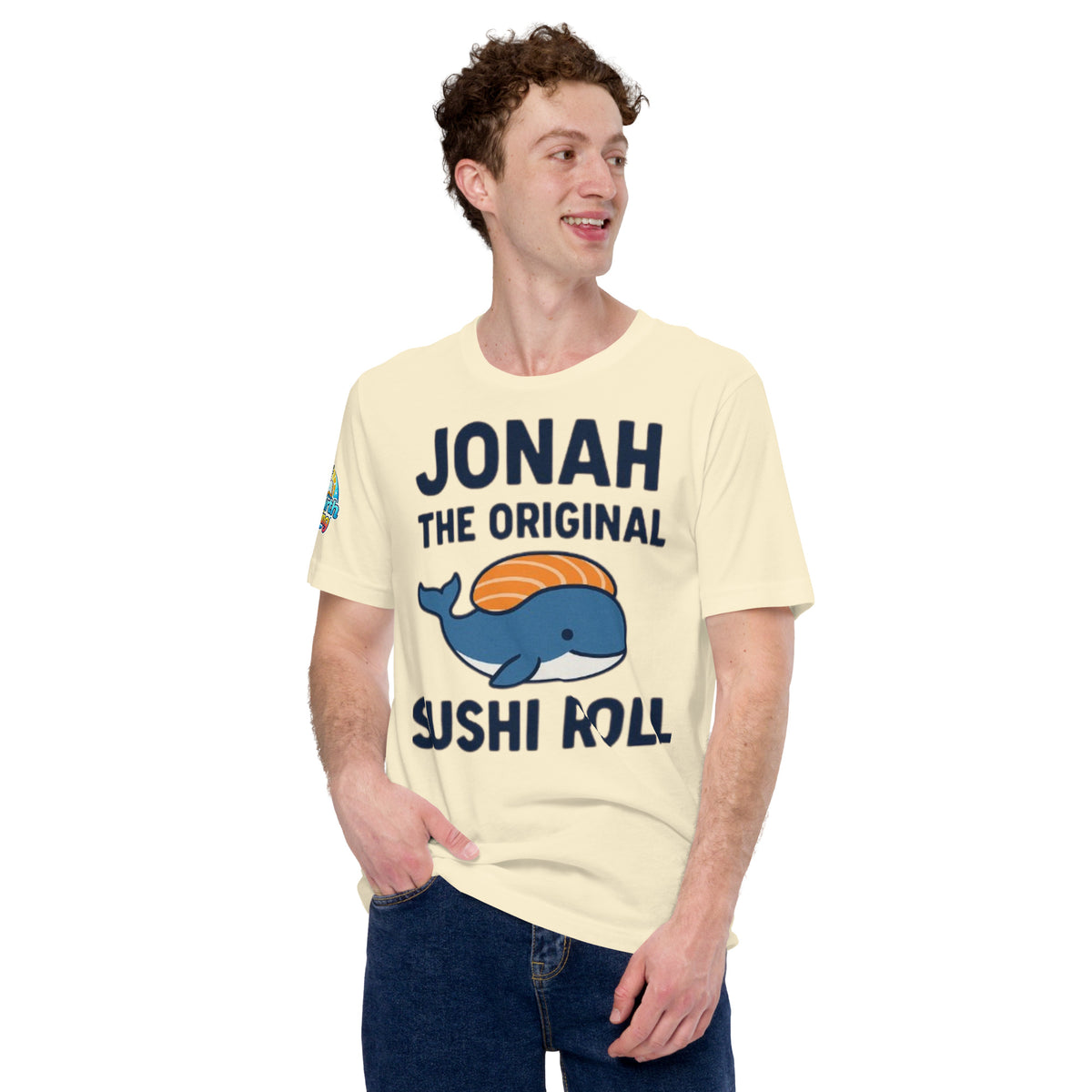 Model wearing “Jonah the Original Sushi Roll” – funny Christian unisex t-shirt, natural, Bible humor design with blue whale carrying sushi by ReBirth Living