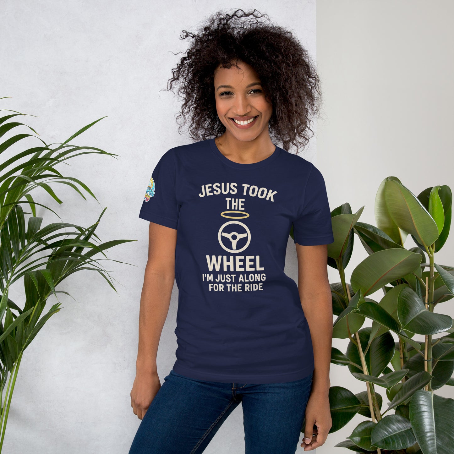 Model showcasing a Jesus Took the Wheel – I’m Just Along for the Ride – funny Christian t-shirt, navy, faith humor design by ReBirth Living