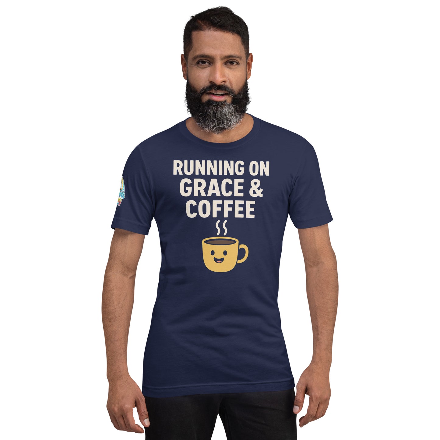 Running on Grace & Coffee – funny Christian t-shirt, navy, faith-based humor design by ReBirth Living