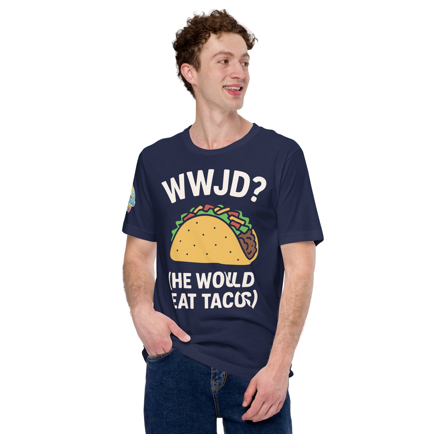 WWJD? (He Would Eat Tacos) – funny Christian t-shirt, navy, with humorous faith-based design by ReBirth Living