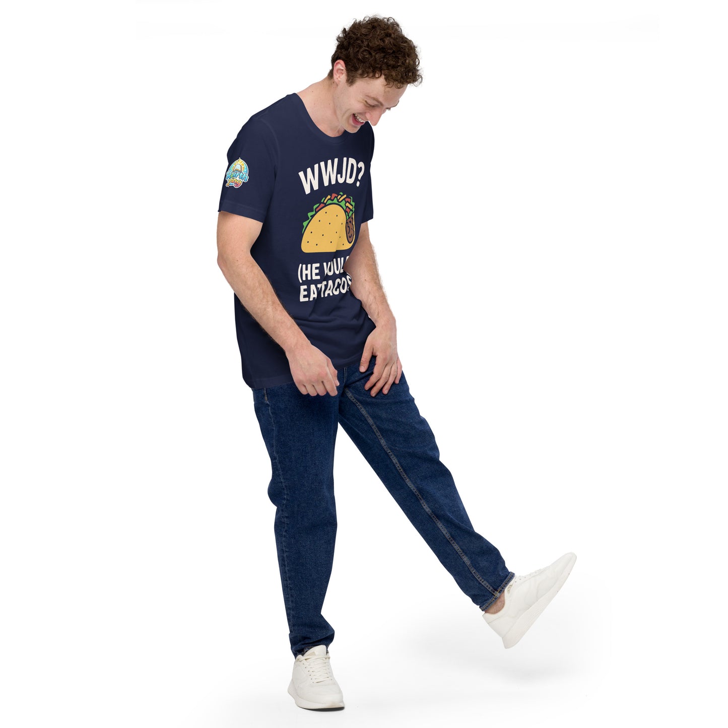 WWJD? (He Would Eat Tacos) – funny Christian t-shirt, navy, with humorous faith-based design by ReBirth Living
