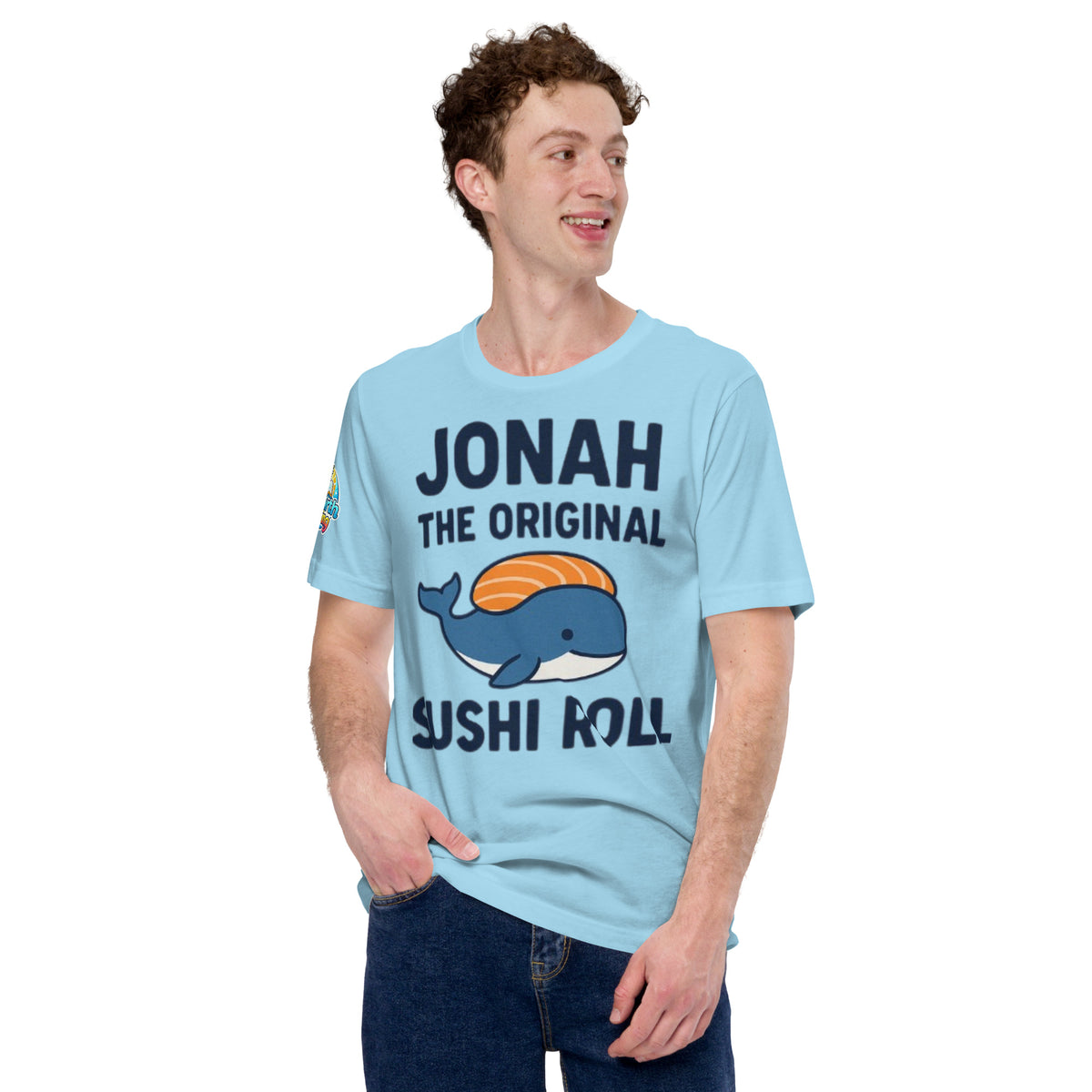 Model wearing “Jonah the Original Sushi Roll” – funny Christian unisex t-shirt, ocean blue, Bible humor design with blue whale carrying sushi by ReBirth Living