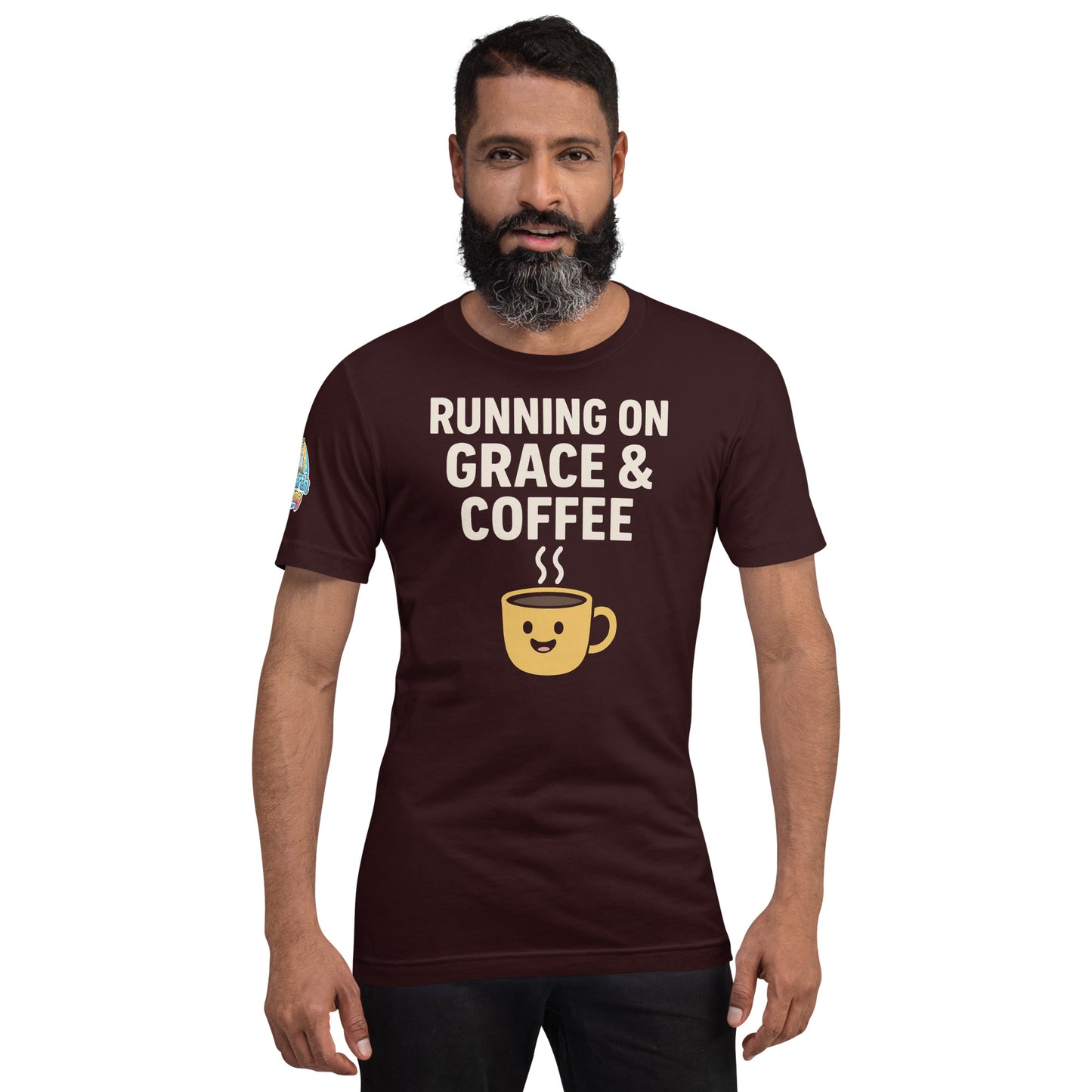 Running on Grace & Coffee – funny Christian t-shirt, oxblood black, faith-based humor design by ReBirth Living