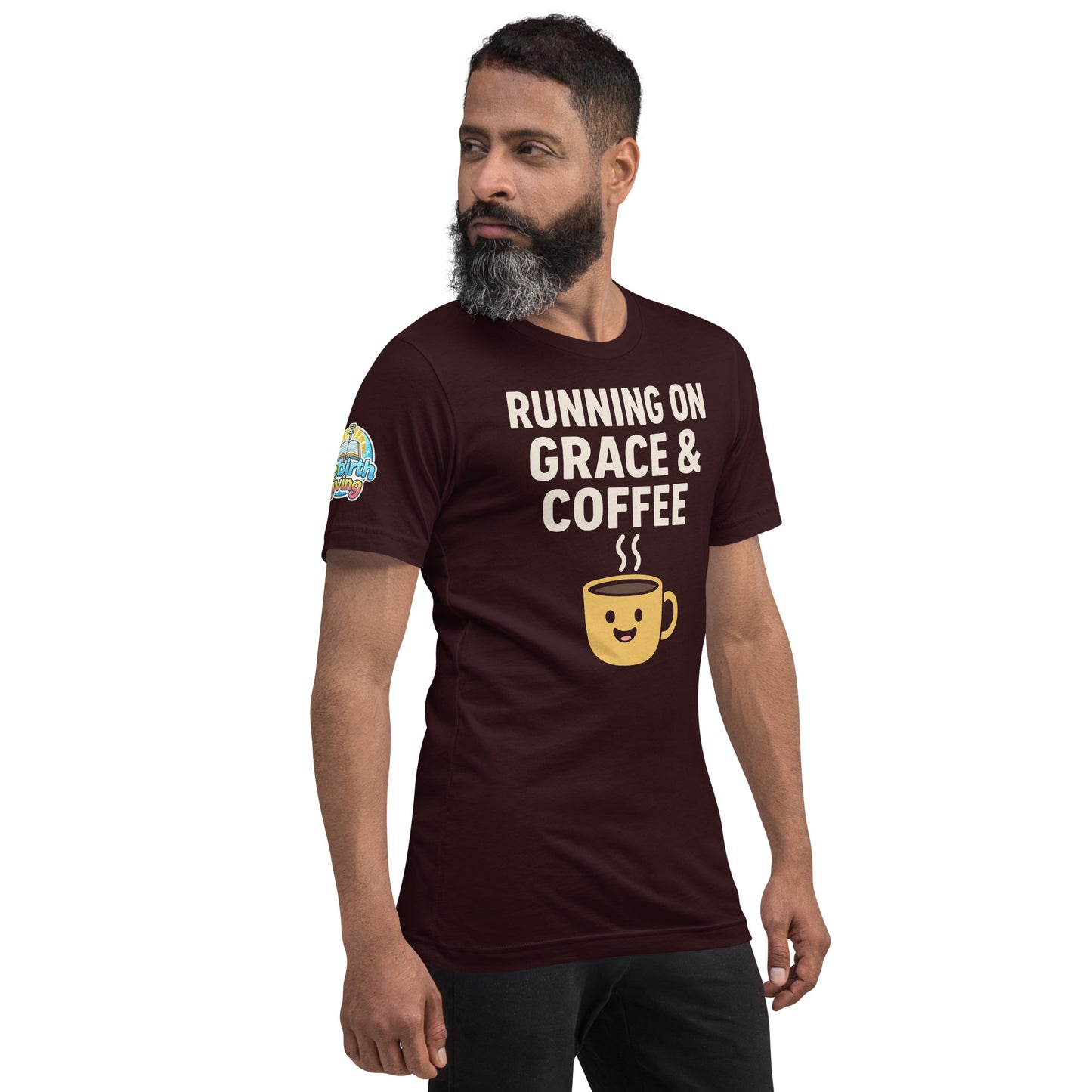 Running on Grace & Coffee – funny Christian t-shirt, oxblood black, faith-based humor design by ReBirth Living