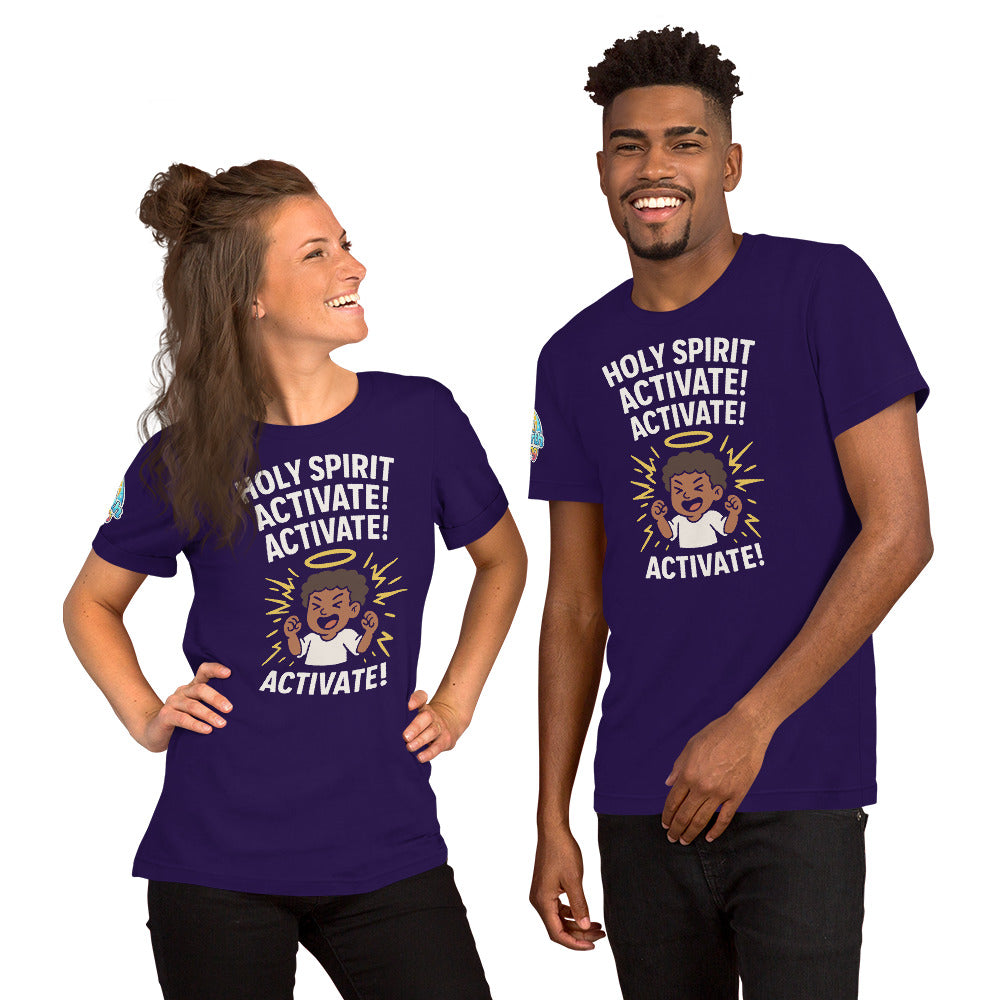 Models showcasing the Holy Spirit Activate! Activate! – funny Christian t-shirt, purple, brown skin character design by ReBirth Living