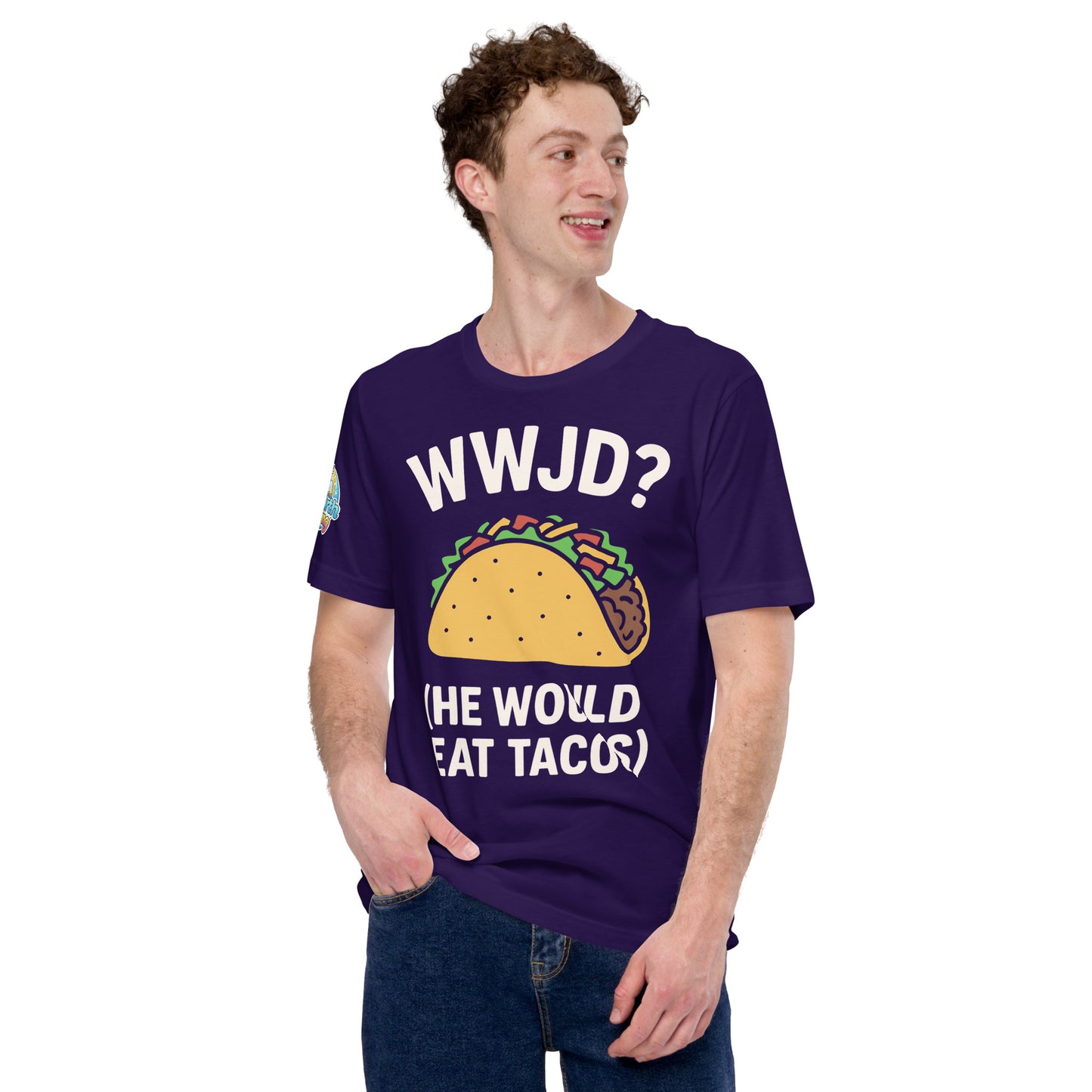 WWJD? (He Would Eat Tacos) – funny Christian t-shirt, purple, with humorous faith-based design by ReBirth Living