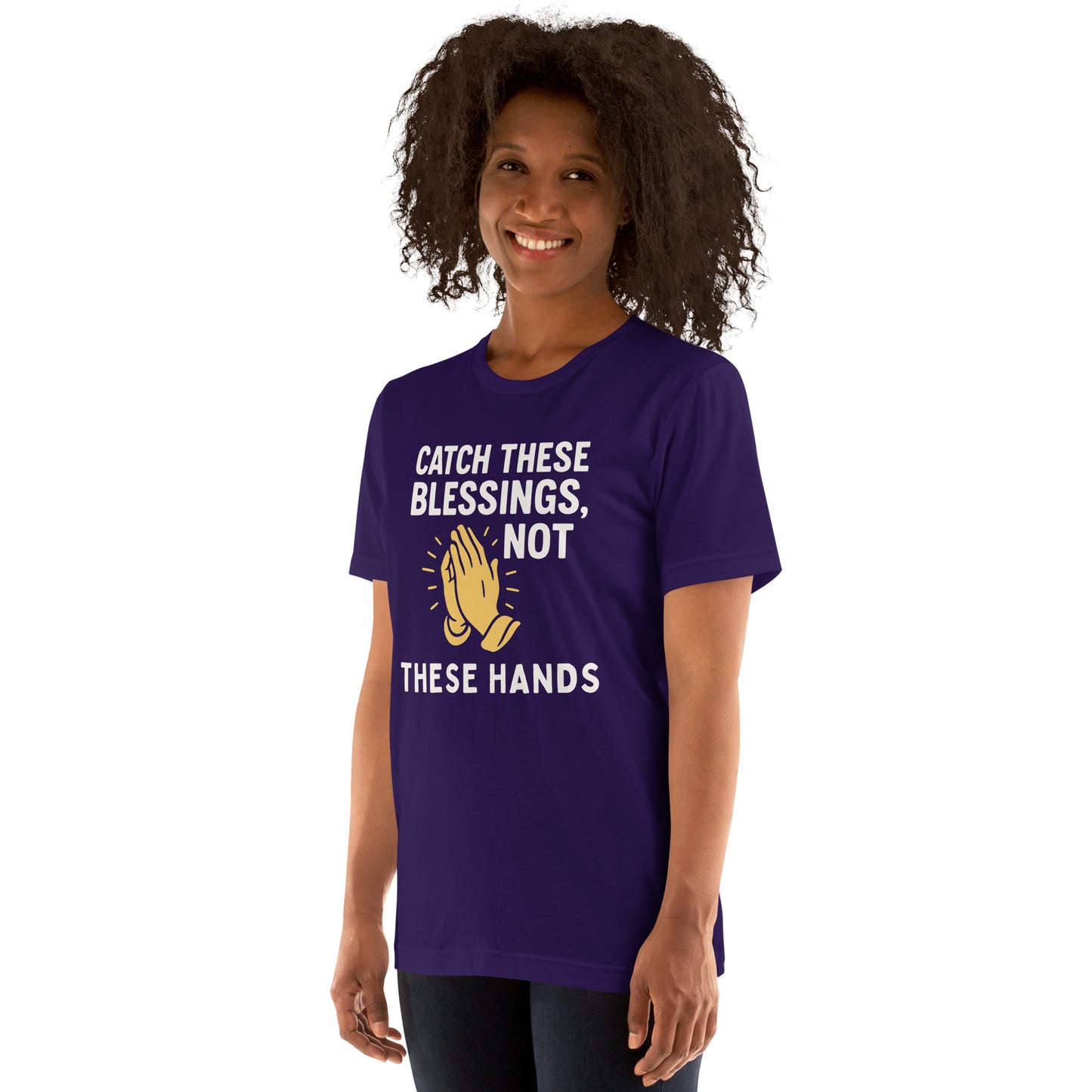 Model showcasing a Catch These Blessings, Not These Hands – funny Christian t-shirt, team purple, faith-based humor design by ReBirth Living