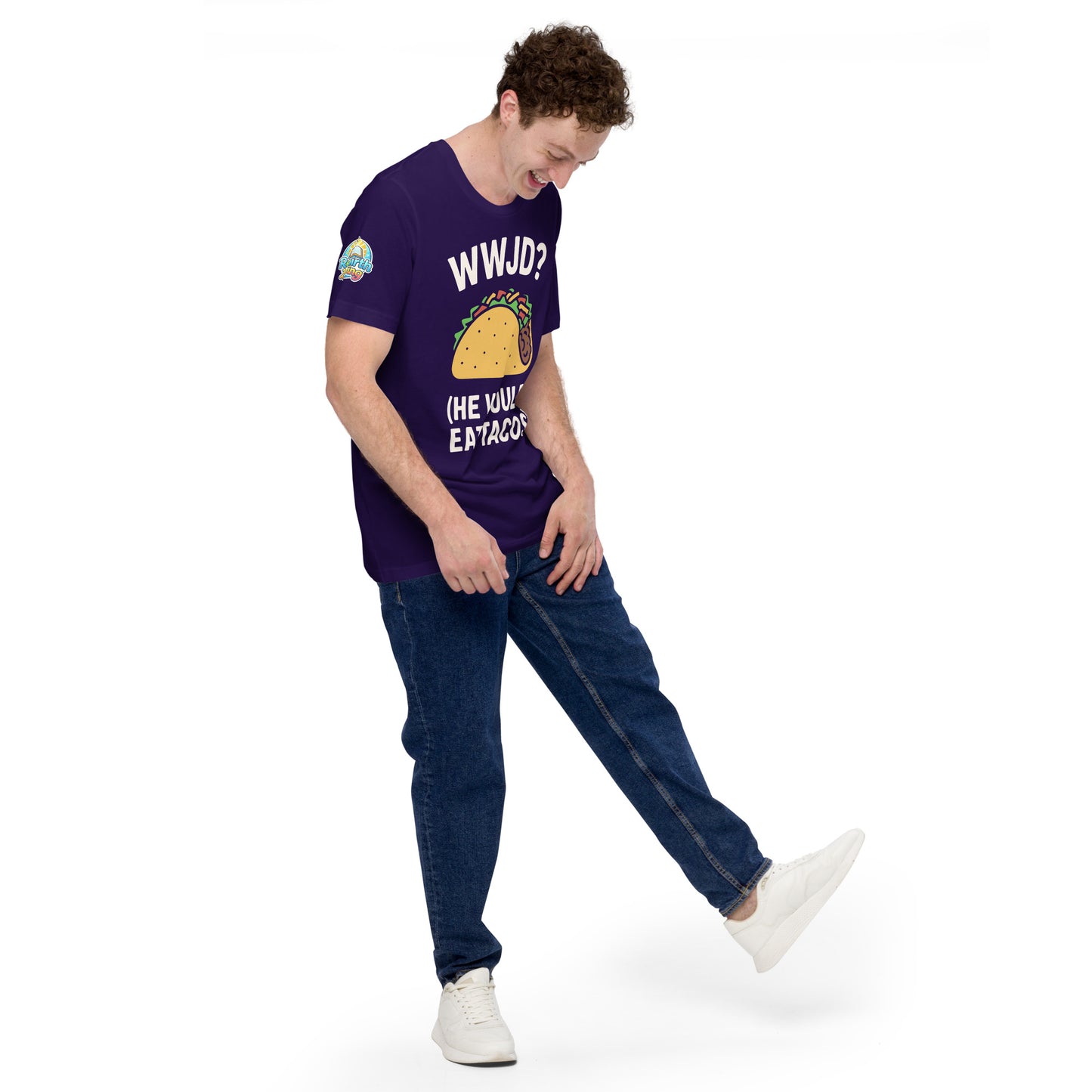 WWJD? (He Would Eat Tacos) – funny Christian t-shirt, purple, with humorous faith-based design by ReBirth Living