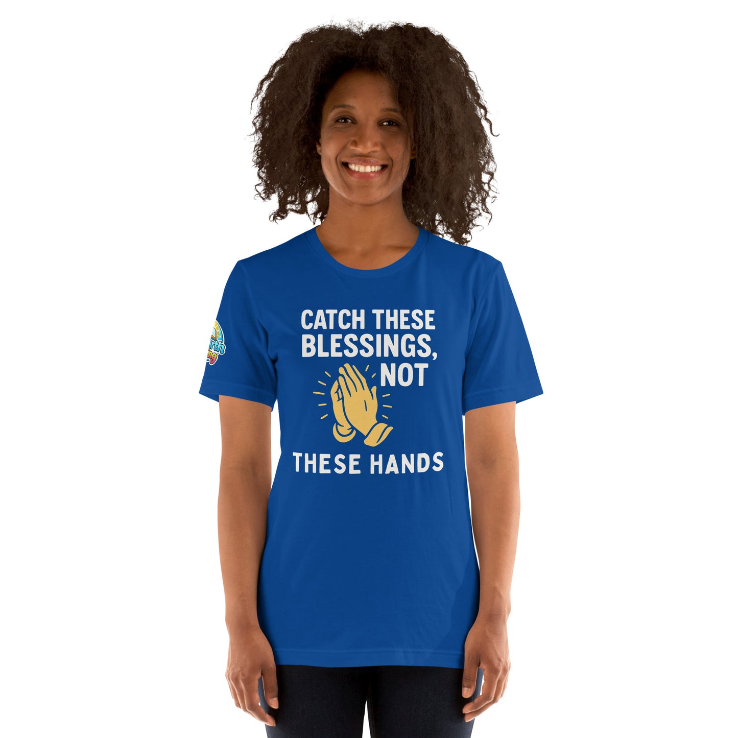 Model showcasing a Catch These Blessings, Not These Hands – funny Christian t-shirt, true royal, faith-based humor design with prayer hands by ReBirth Living