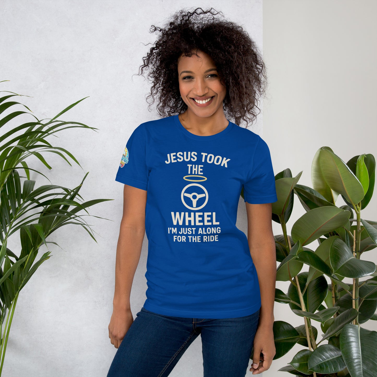 Model showcasing a Jesus Took the Wheel – I’m Just Along for the Ride – funny Christian t-shirt, true royal, faith humor design by ReBirth Living