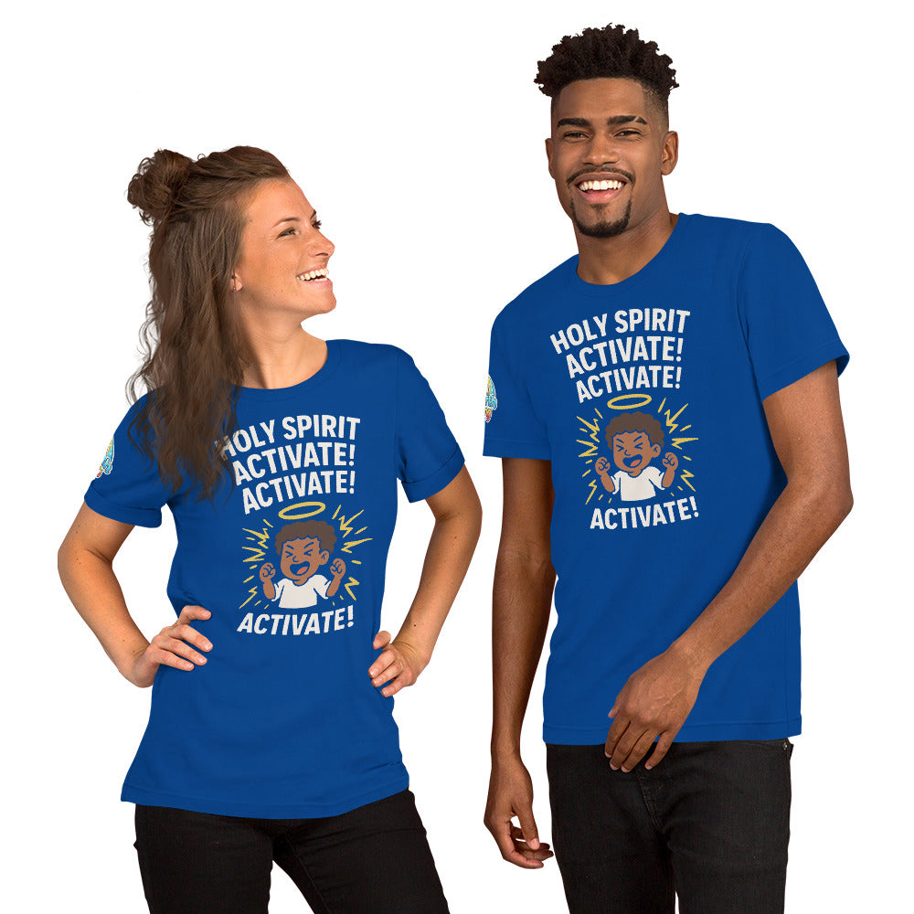Models showcasing the Holy Spirit Activate! Activate! – funny Christian t-shirt, true royal brown skin character design by ReBirth Living