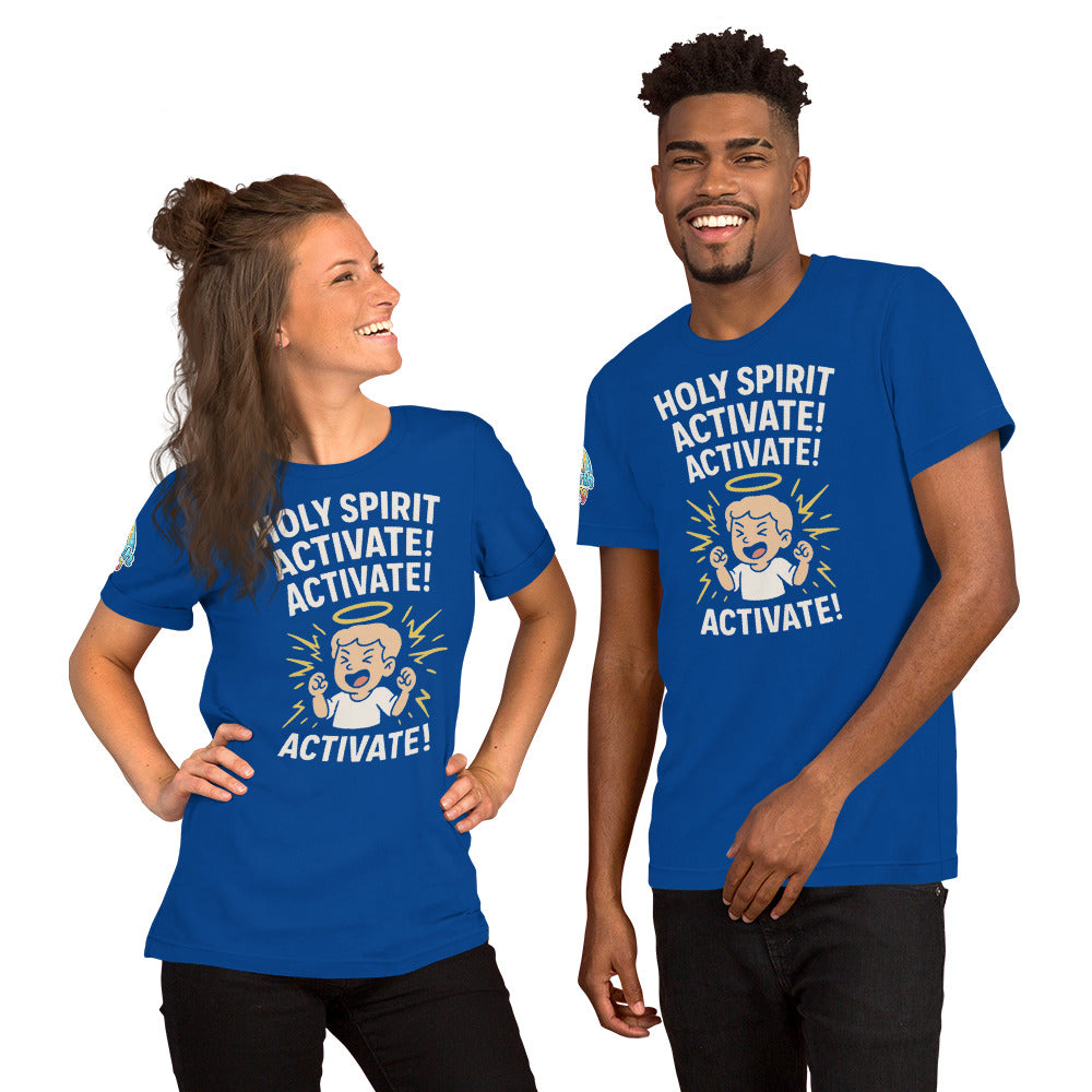 Models showcasing the Holy Spirit Activate! Activate! – funny Christian t-shirt, true royal, light skin character design by ReBirth Living