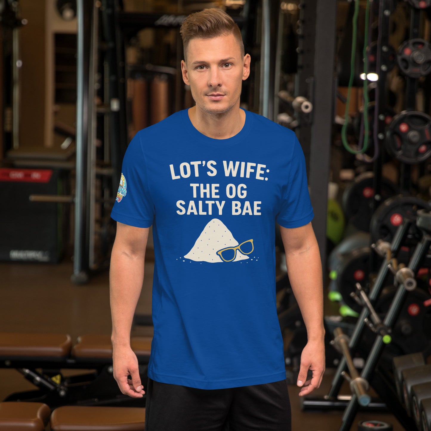 Model waring a Lot's Wife The OG Salty Bae – funny Christian t-shirt, true royal, Bible humor design by ReBirth Living in a gym setting.