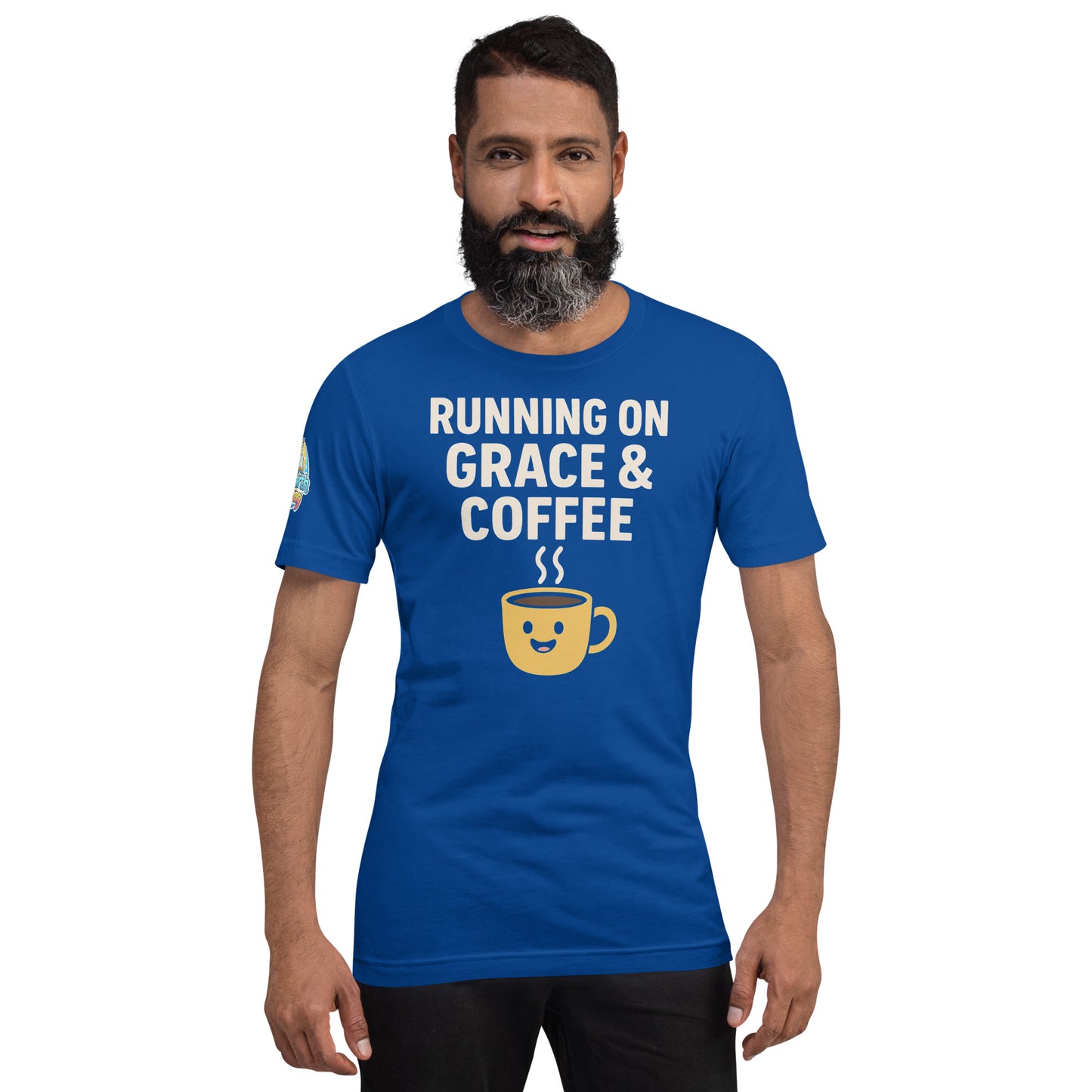 Running on Grace & Coffee – funny Christian t-shirt, true royal, faith-based humor design with a smiling coffee mug by ReBirth Living
