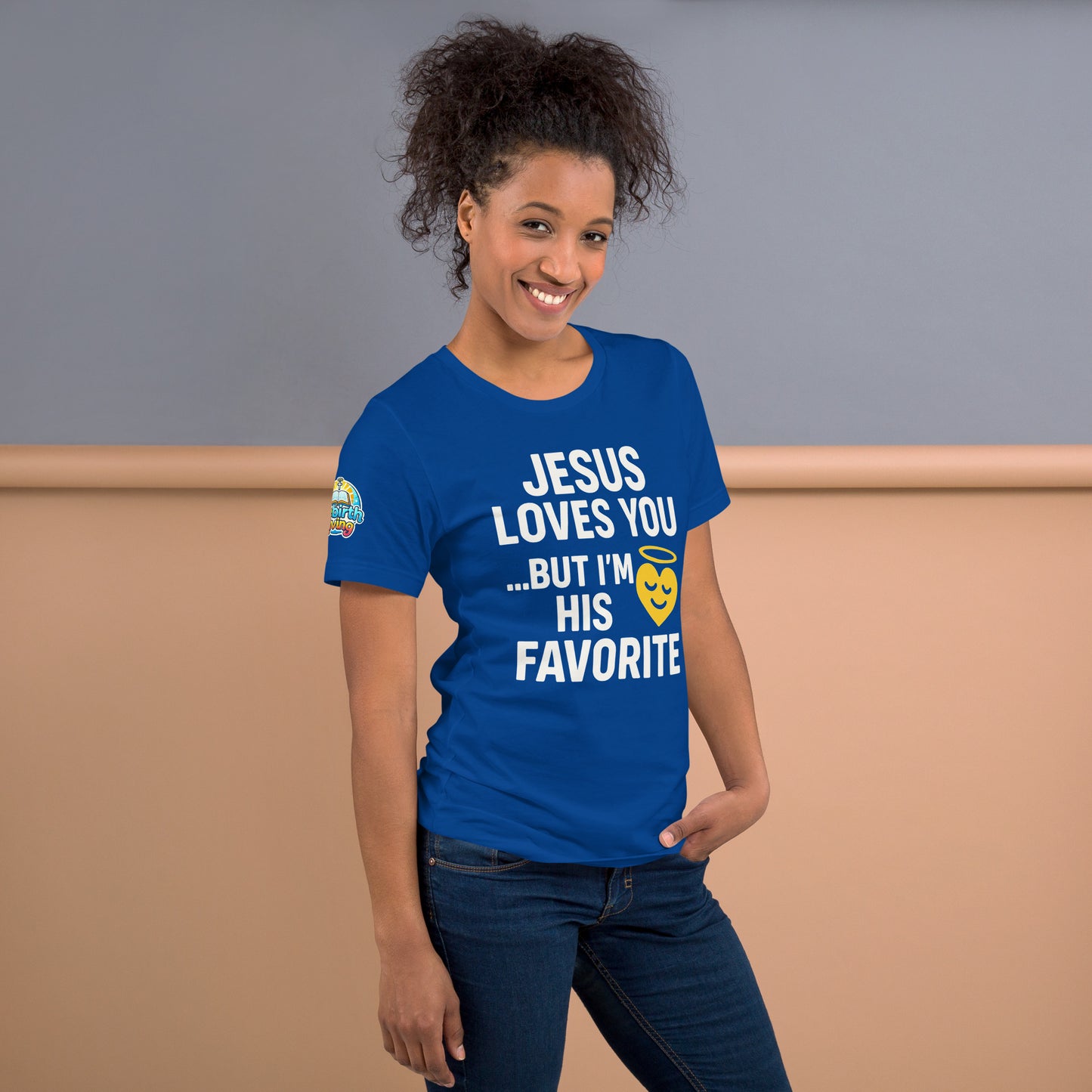 Model wearing “Jesus Loves You… But I’m His Favorite” – funny Christian t-shirt, true royal, faith humor design with golden smiling heart and halo by ReBirth Living