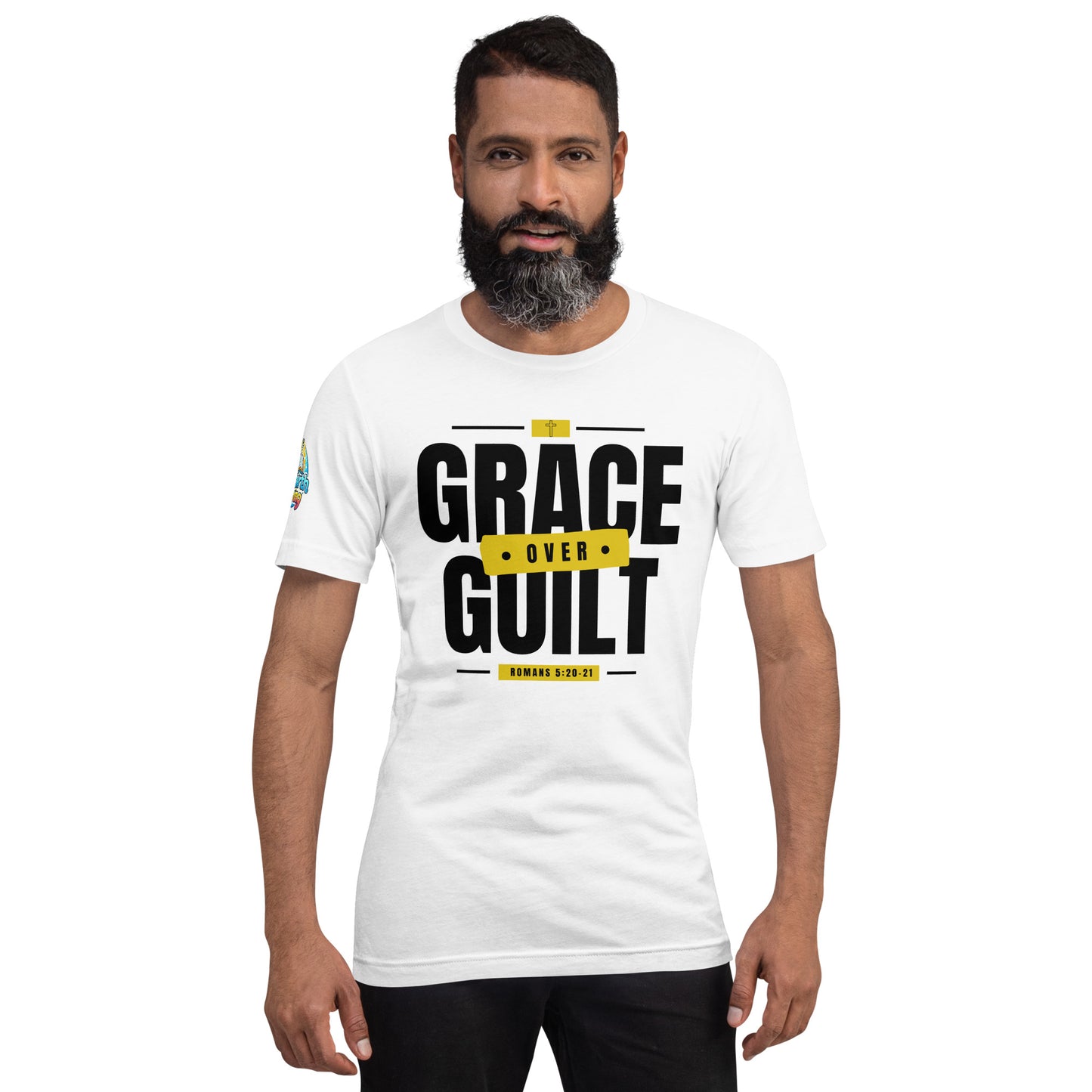 A Person is wearing a Grace Over Guilt Christian unisex t-shirt – Romans 5:20–21 KJV scripture design, white, faith-based apparel by ReBirth Living