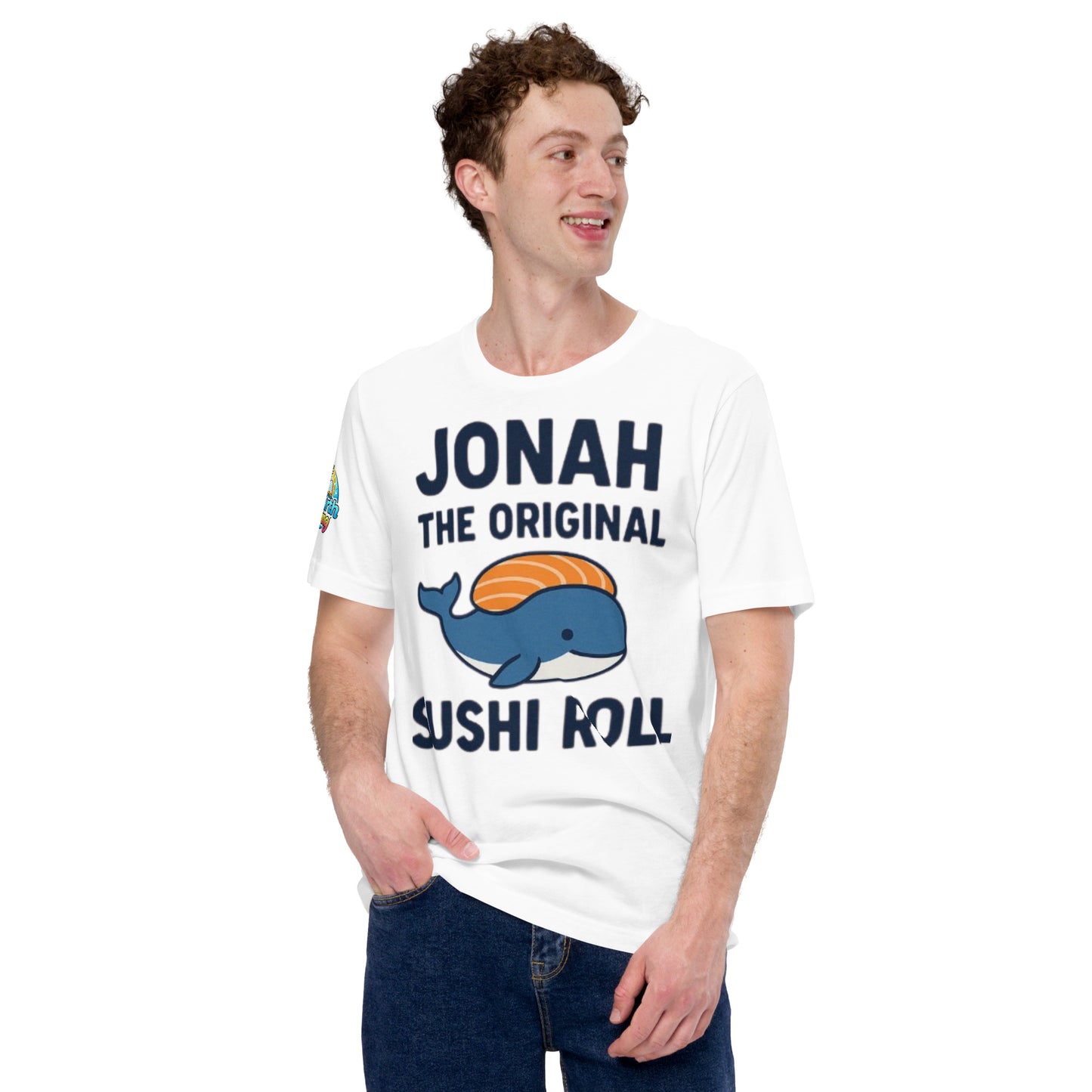 Model wearing “Jonah the Original Sushi Roll” – funny Christian unisex t-shirt, white, Bible humor design with blue whale carrying sushi by ReBirth Living