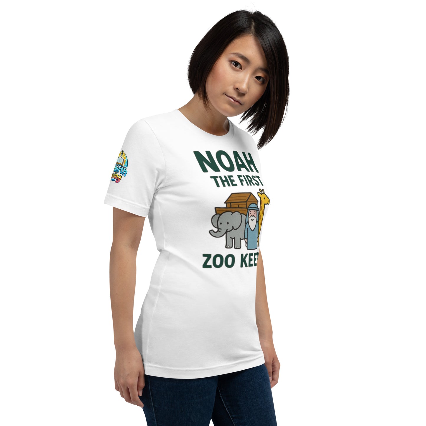 Product mockupModel wearing a Noah the First Zoo Keeper – funny Christian t-shirt, white, Bible humor animal design by ReBirth Living