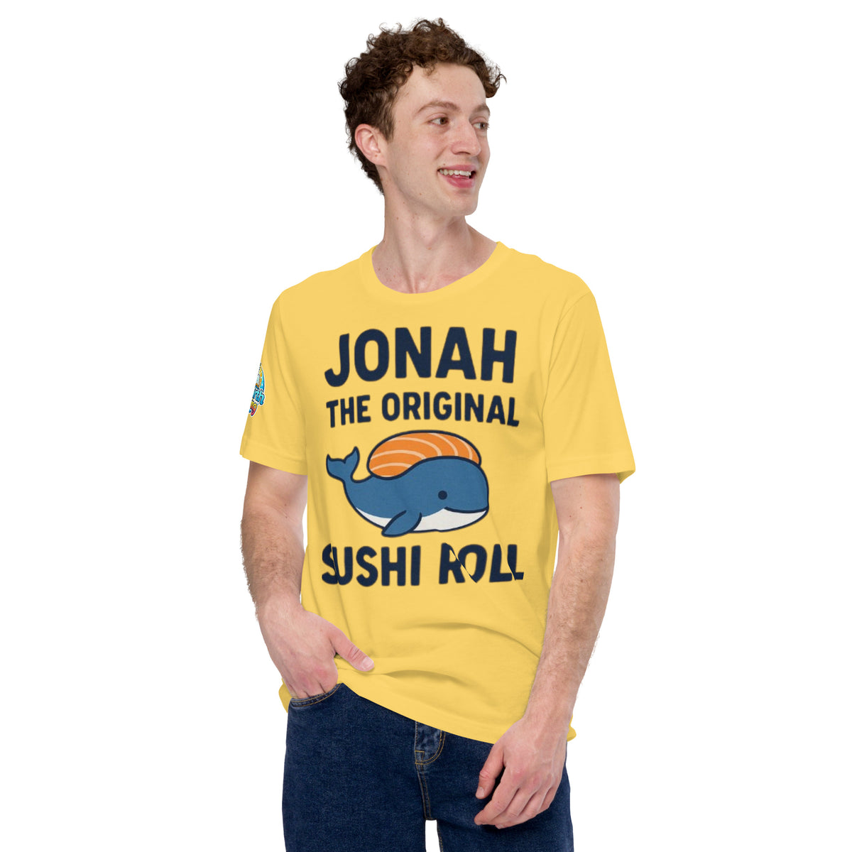 Model wearing “Jonah the Original Sushi Roll” – funny Christian unisex t-shirt, yellow, Bible humor design with blue whale carrying sushi by ReBirth Living