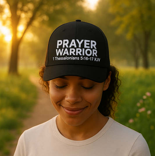 A person wearing a black baseball cap with 'PRAYER WARRIOR' and the Bible verse '1 Thessalonians 5:16-17 KJV' embroidered on the front by ReBirth Living