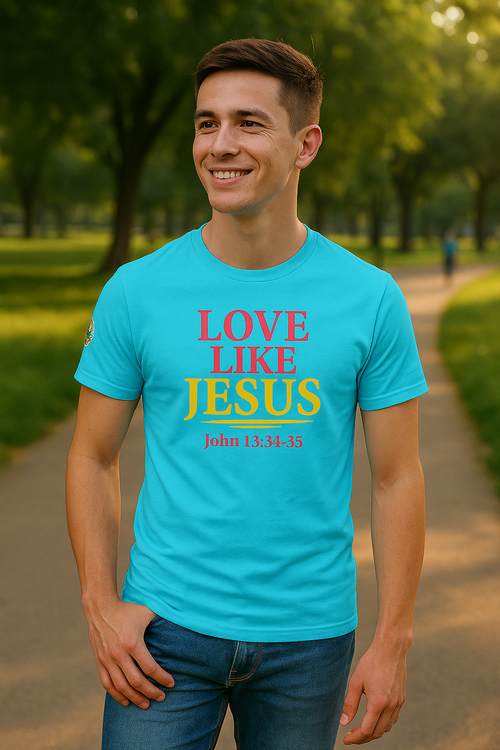 A person wearing a blue crew neck t-shirt with the text 'LOVE LIKE JESUS' printed in bold letters on the front by ReBirth Living