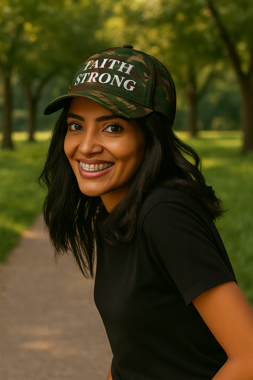 A person wearing a black cap with 'FAITH STRONG' embroidered in white on the front by ReBirth Living