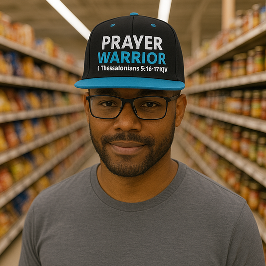 A man wearing a black snapback hat with 'PRAYER WARRIOR' and a scripture reference embroidered on the front by ReBirth Living