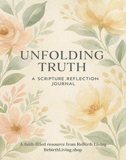 Floral design book cover titled 'Unfolding Truth' by Rebirth Living. Unfolding Truth: A Scripture Reflection Journal – Christian devotional notebook to grow spiritually, reflect deeply, and walk daily in God’s Word