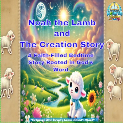 Book cover of 'Noah the Lamb and The Creation Story' with a colorful landscape and sheep illustrations. Noah the Lamb and The Creation Story – faith-filled Christian bedtime storybook rooted in God’s Word by ReBirth Living