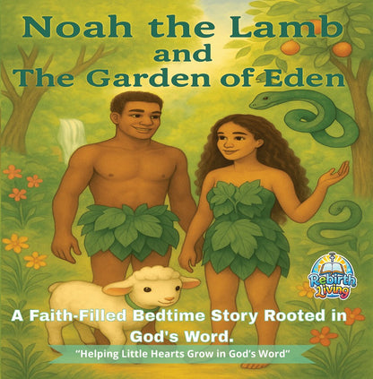 Book cover of 'Noah the Lamb and The Garden of Eden' with a man, woman, and lamb in a garden setting. Noah the Lamb and the Garden of Eden – bedtime story of Adam and Eve based on the KJV Bible, from Noah the Lamb’s Bedtime Bible Adventures by ReBirth Living