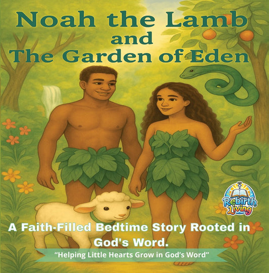 Book cover of 'Noah the Lamb and The Garden of Eden' with a man, woman, and lamb in a garden setting. Noah the Lamb and the Garden of Eden – bedtime story of Adam and Eve based on the KJV Bible, from Noah the Lamb’s Bedtime Bible Adventures by ReBirth Living